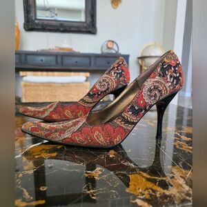 Autumnal Paisley Tapestry Styled Pointy Witchy Toe Stiletto Heel Sz 10 Vtg